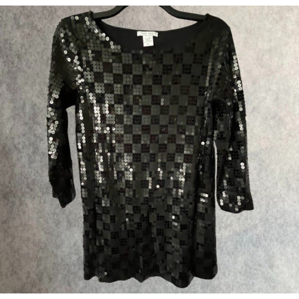 Joan Vass Tunic Womens Medium Black Sequin Boat Neck Elegant Evening Dinner